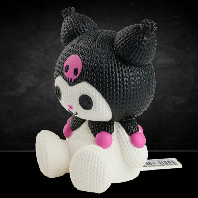 Handmade by Robots Kuromi figure with knit texture imitation, black and white with pink skull and details, seated pose on black background