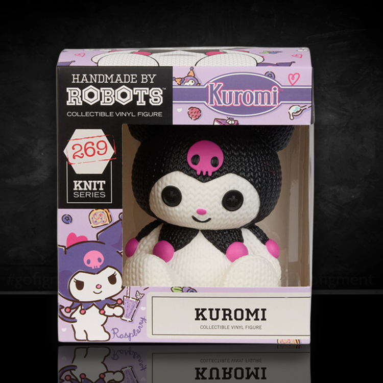 Handmade by Robots Kuromi collectible vinyl figure in knit-inspired design inside purple themed box.