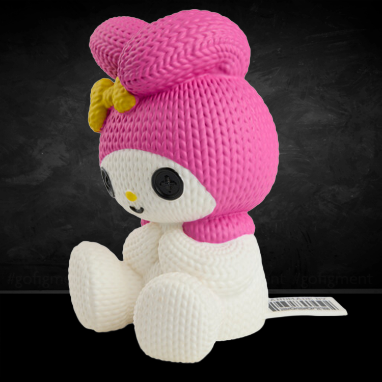 Handmade by Robots My Melody vinyl figure designed to resemble knit fabric with pink hood and yellow bow accessory