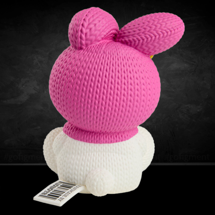 Back view of Handmade by Robots My Melody vinyl figure with knit-inspired texture and pink hood.