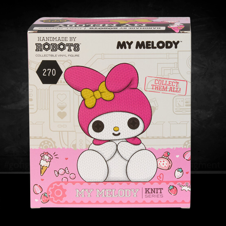 Handmade by Robots My Melody collectible vinyl figure in knit-inspired design with pink hood and yellow bow packaging