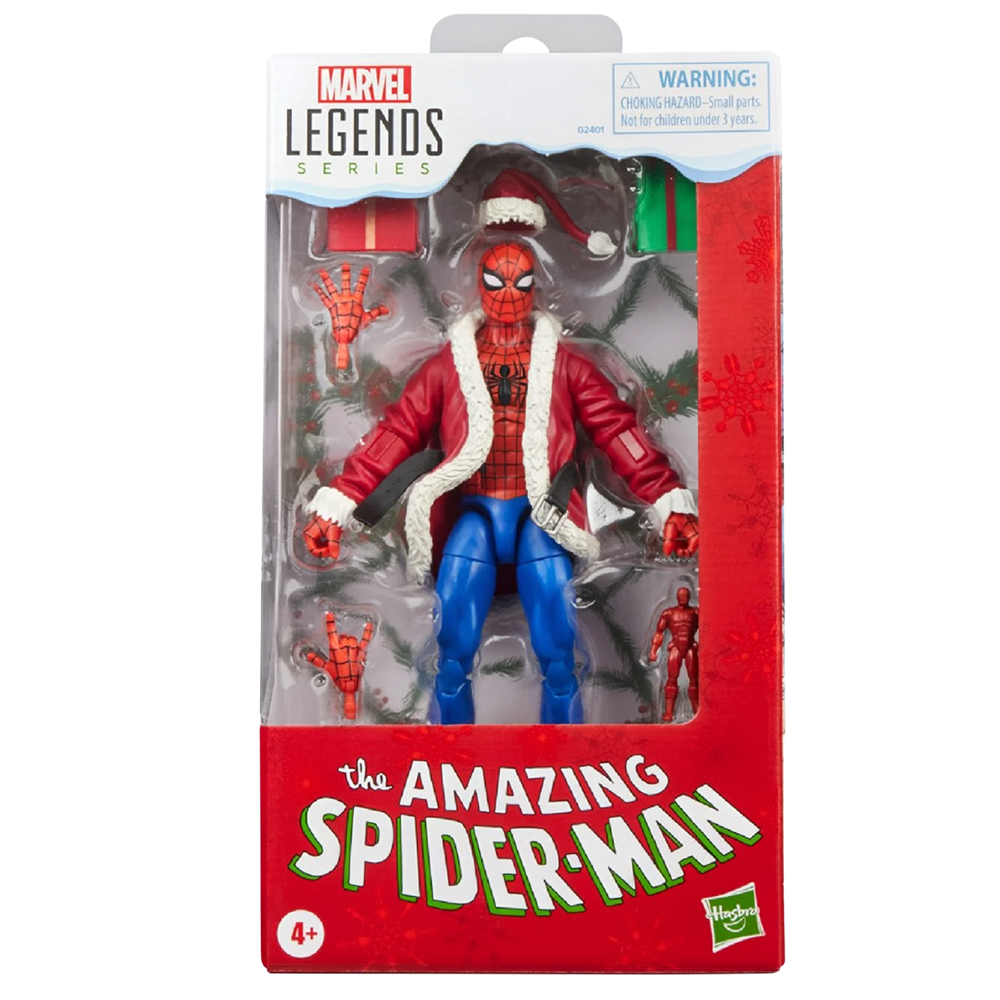 Marvel Legends Spider-Man figure wearing a red holiday jacket in red and white packaging