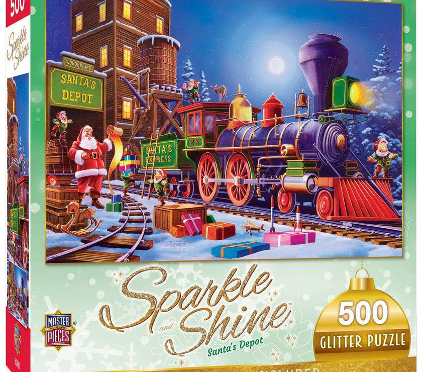 Master Pieces Santa’s Depot 500 piece glitter sparkle shine jigsaw puzzle with Christmas train scene packaging
