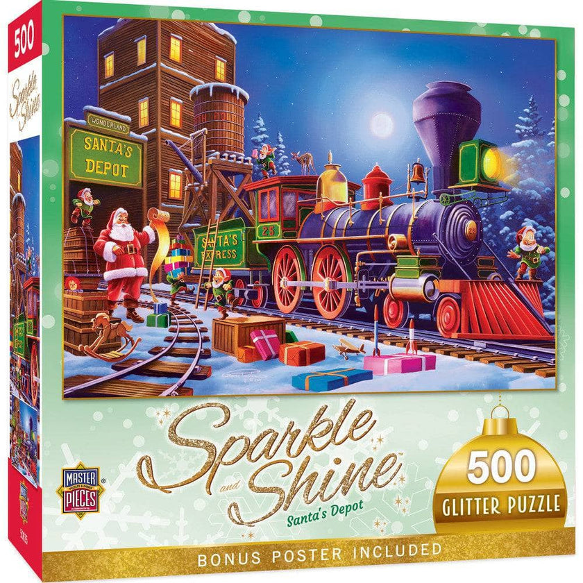 Master Pieces Santa’s Depot 500 piece glitter sparkle shine jigsaw puzzle with Christmas train scene packaging