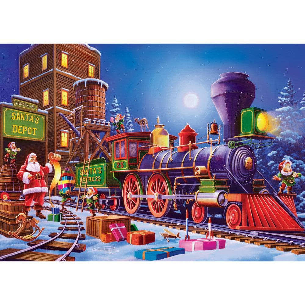 Master Pieces Santa’s Depot 500 piece glitter jigsaw puzzle featuring Christmas train with elves and gifts at night