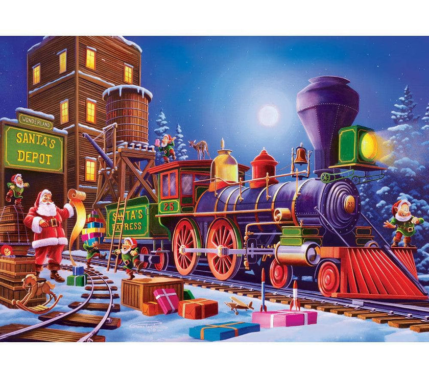 Master Pieces Santa’s Depot 500 piece glitter jigsaw puzzle featuring Christmas train with elves and gifts at night