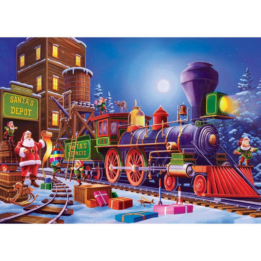 Master Pieces Santa’s Depot 500 piece glitter jigsaw puzzle featuring Christmas train with elves and gifts at night
