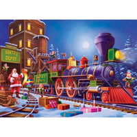 Master Pieces Santa’s Depot 500 piece glitter jigsaw puzzle featuring Christmas train with elves and gifts at night