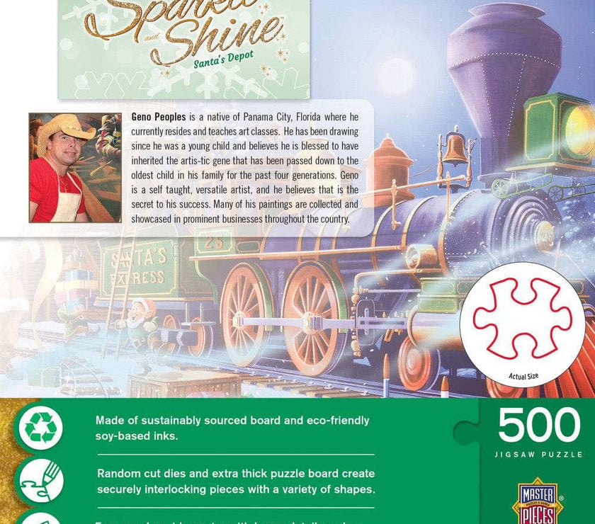 Master Pieces Santa’s Depot 500 piece glitter puzzle featuring a colorful Christmas train with sparkle shine effect packaging
