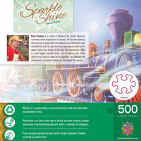 Master Pieces Santa’s Depot 500 piece glitter puzzle featuring a colorful Christmas train with sparkle shine effect packaging