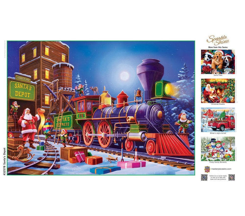 Master Pieces Santa's Depot 500 piece glitter jigsaw puzzle featuring a Christmas train at night with presents and Santa.
