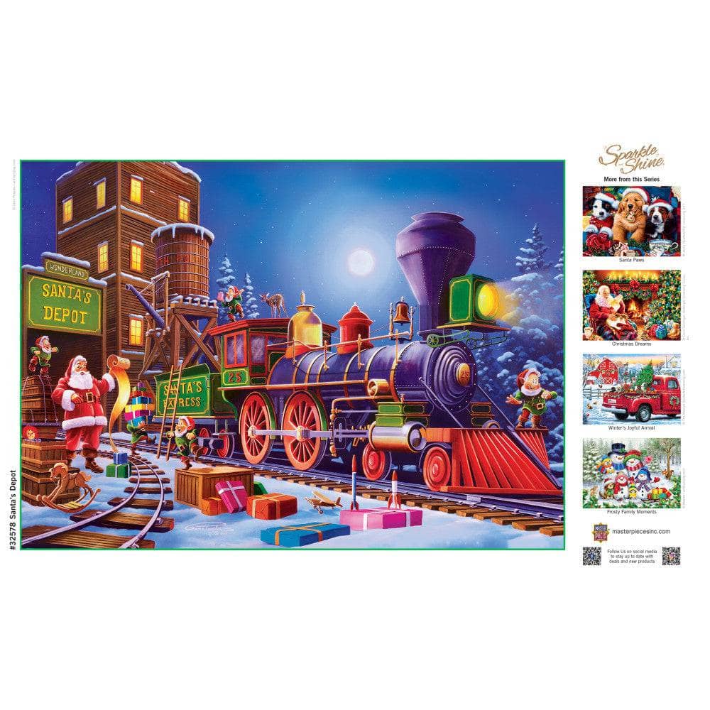 Master Pieces Santa's Depot 500 piece glitter jigsaw puzzle featuring a Christmas train at night with presents and Santa.