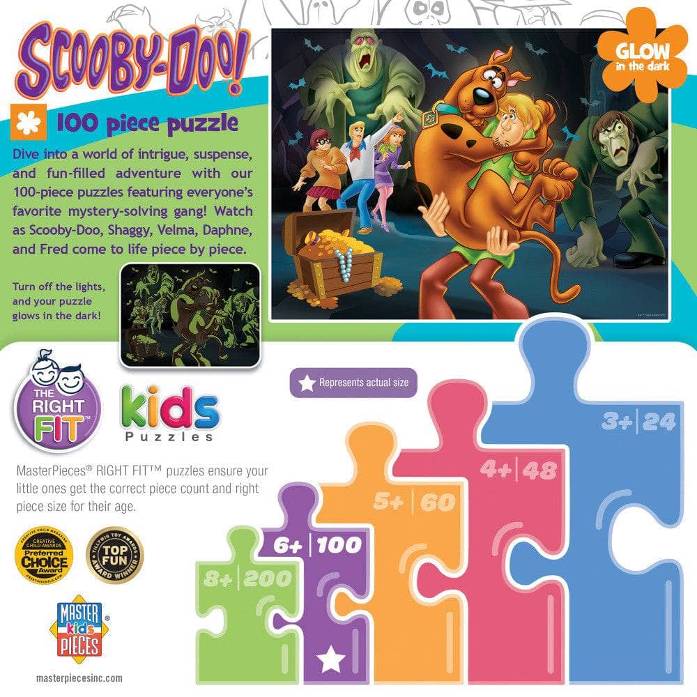 Scooby Doo 100 piece glow in the dark jigsaw puzzle by Master Pieces featuring mystery gang and treasure chest