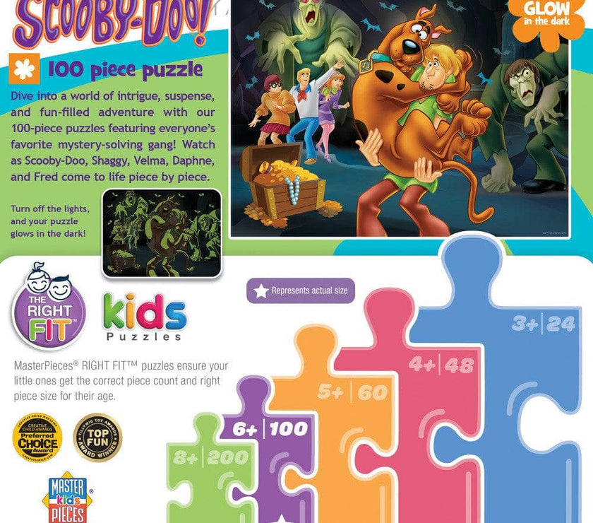 Scooby Doo 100 piece glow in the dark jigsaw puzzle by Master Pieces featuring mystery gang and treasure chest