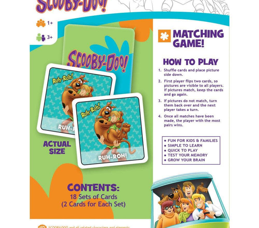 Scooby-Doo Memory-Matching game packaging by Master Pieces featuring 36 colorful cards with characters and instructions