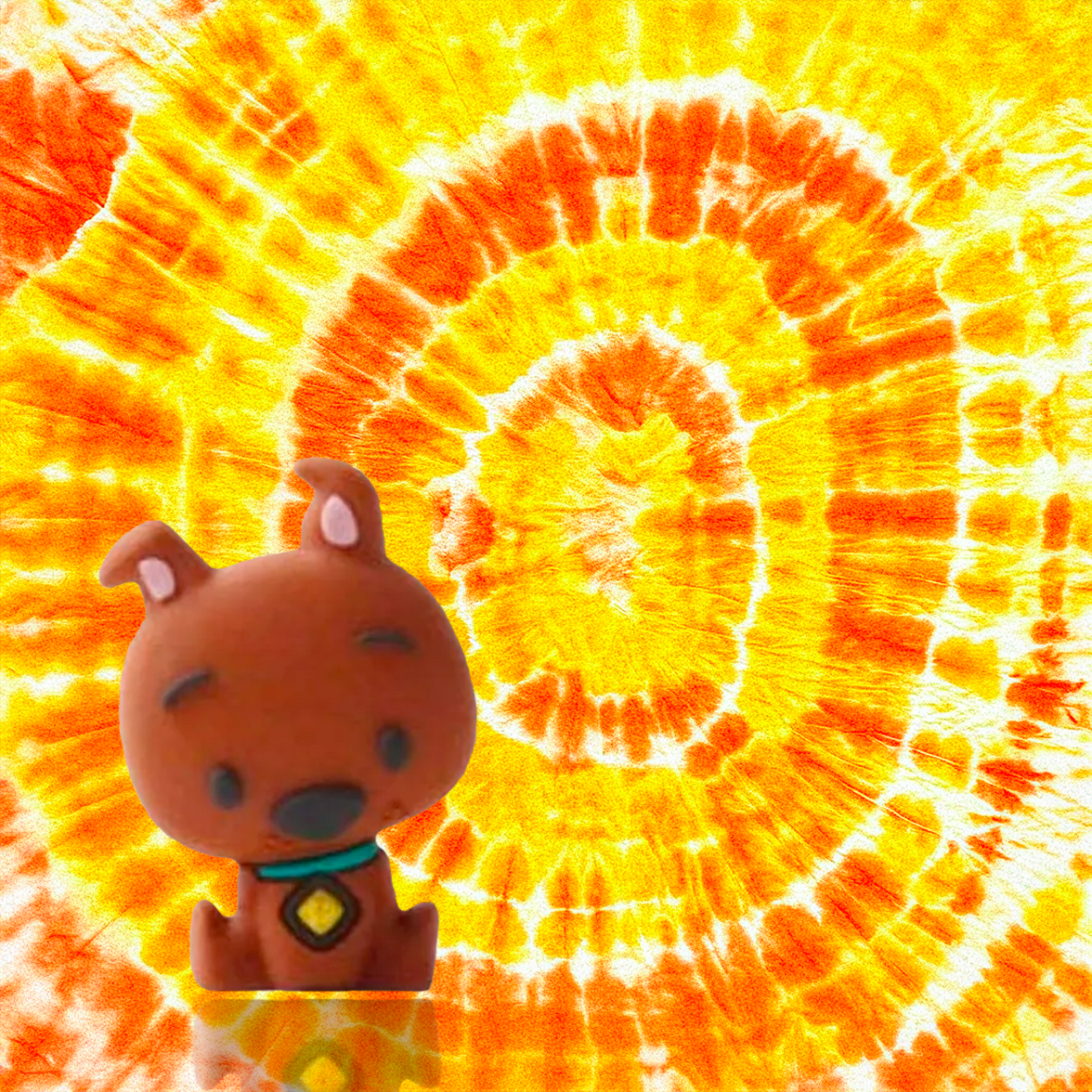 Scooby-Doo UCC 3D mini figure collectible with bright orange and yellow tie-dye background vibrant design