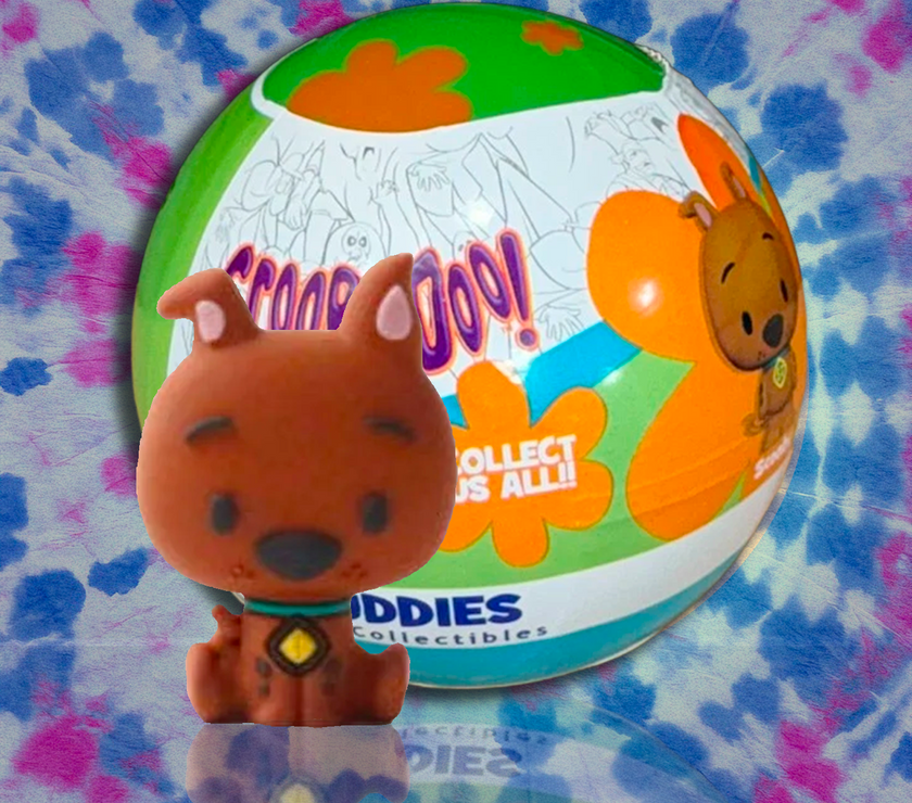 Scooby-Doo mini figure collectible by UCC with colorful mystery ball packaging on tie-dye background