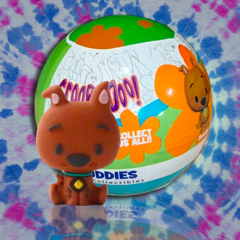 Scooby-Doo mini figure collectible by UCC with colorful mystery ball packaging on tie-dye background