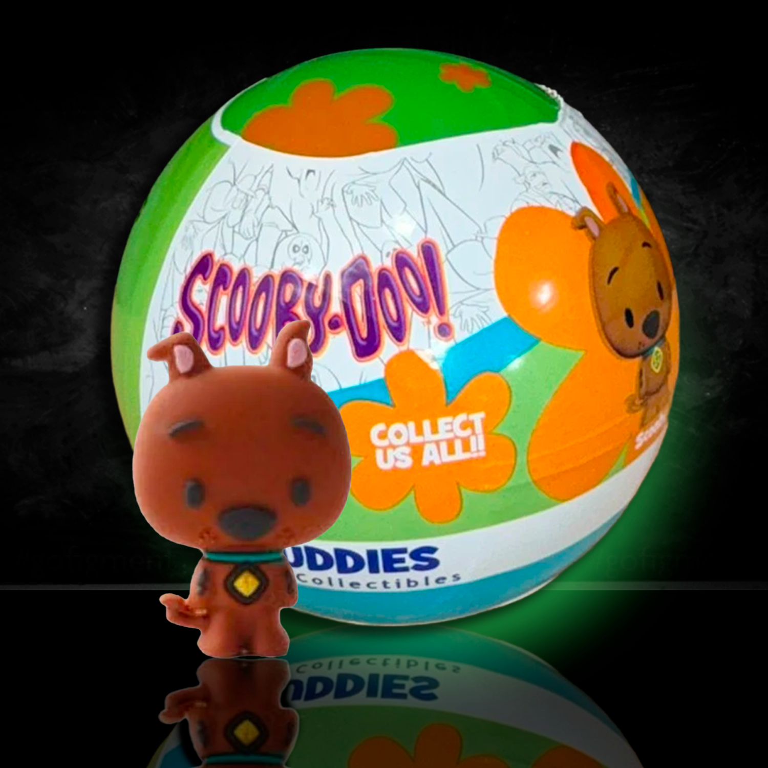 Scooby-Doo Buddies 3D mini figure collectible and colorful UCC Mystery Ball packaging displayed on black background