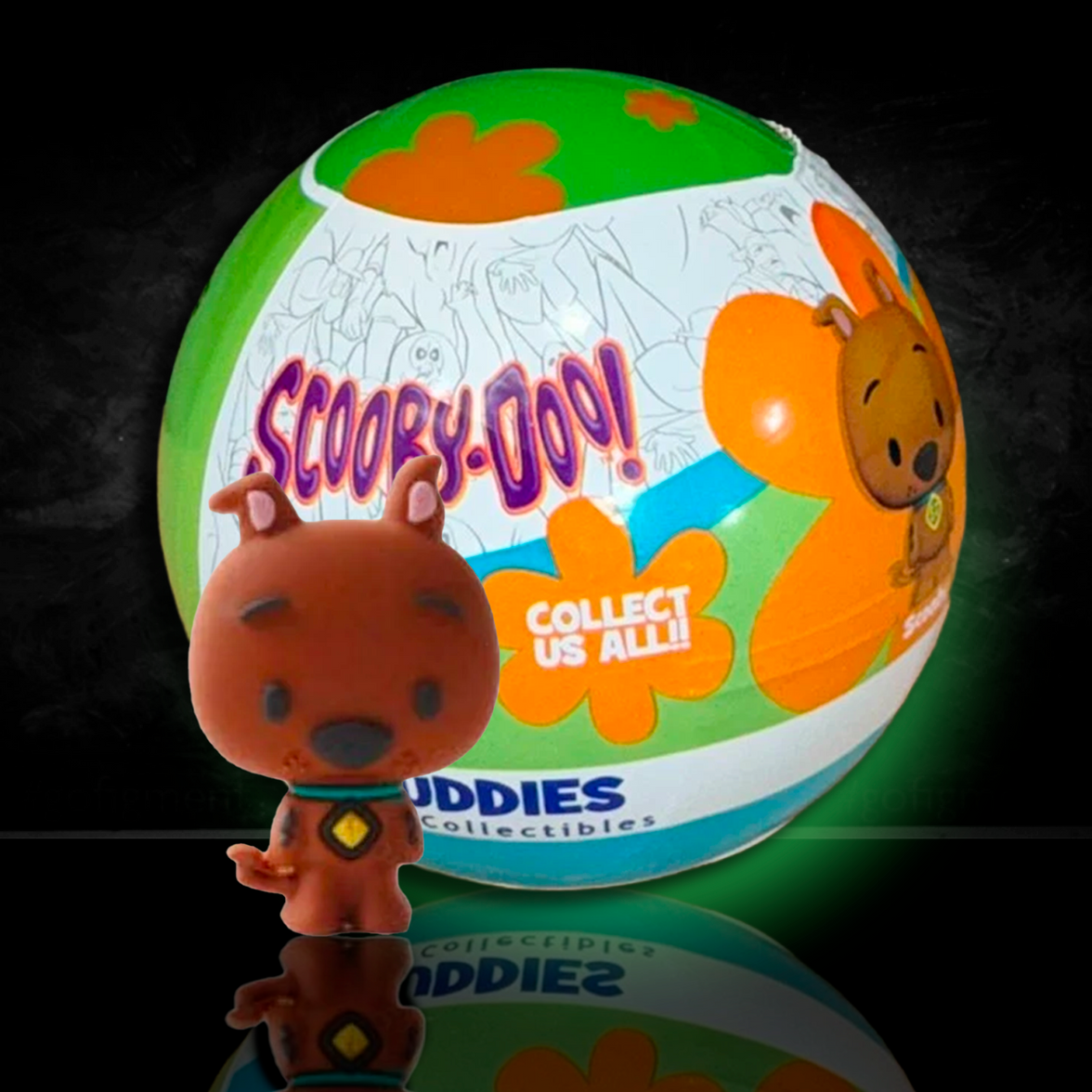 Scooby-Doo Buddies 3D mini figure collectible and colorful UCC Mystery Ball packaging displayed on black background