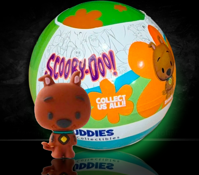 Scooby-Doo Buddies 3D mini figure collectible and colorful UCC Mystery Ball packaging displayed on black background