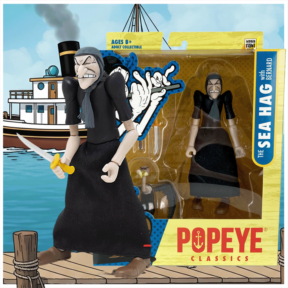 Boss Fight Studio Llc Sea Hag Popeye Classics figure holding knife with black dress and blue scarf in packaging against pirate ship background
