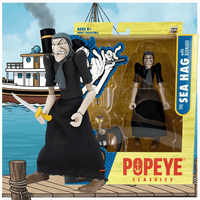 Boss Fight Studio Llc Sea Hag Popeye Classics figure holding knife with black dress and blue scarf in packaging against pirate ship background