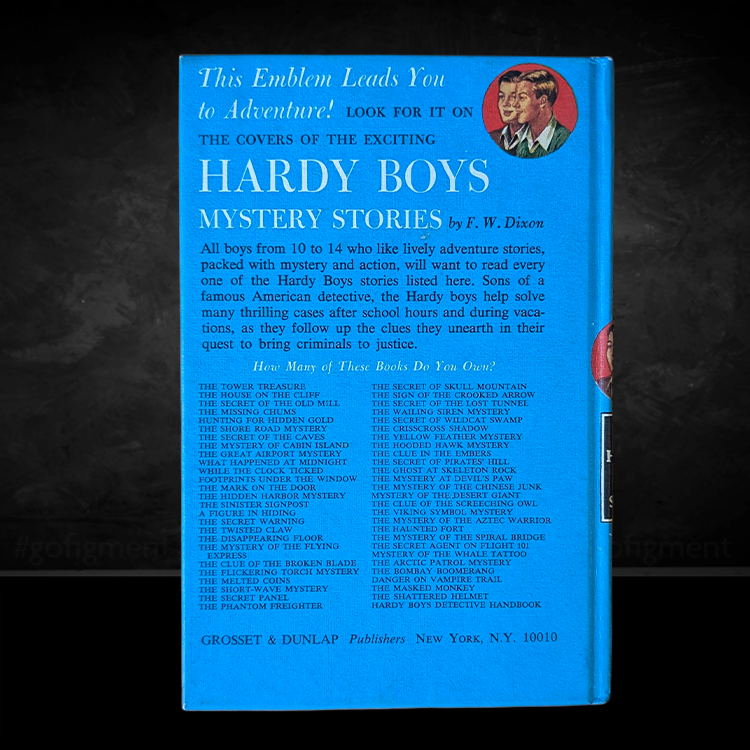 Vintage Hardy Boys blue hardcover back cover listing titles published by Grosset & Dunlap New York edition