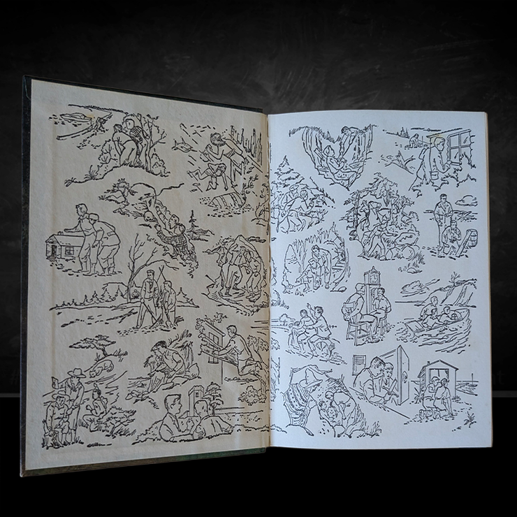 Open book showing black and white illustrated endpapers from vintage Hardy Boys novel by Grosset & Dunlap