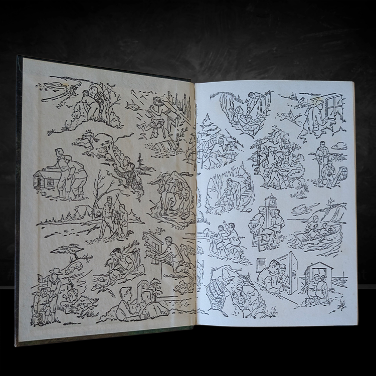 Open book showing black and white illustrated endpapers from vintage Hardy Boys novel by Grosset & Dunlap