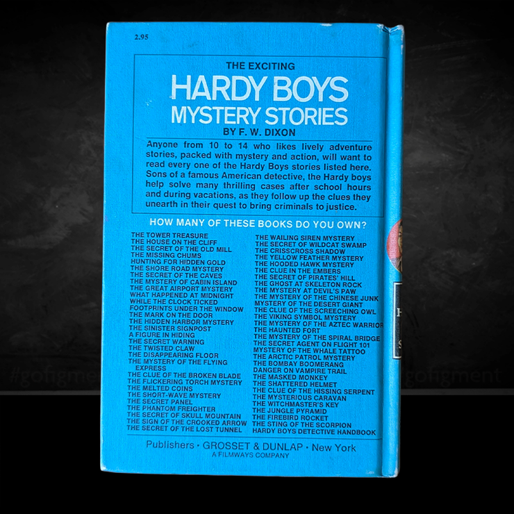 Back cover of vintage Hardy Boys Mystery book by F. W. Dixon, listing titles, published by Grosset & Dunlap.