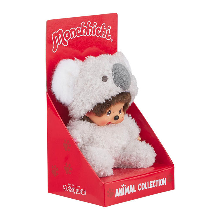 Sekiguchi Monchhichi Sitting Fluffy Koala Doll plush in red Animal Collection box with soft grey and white fur
