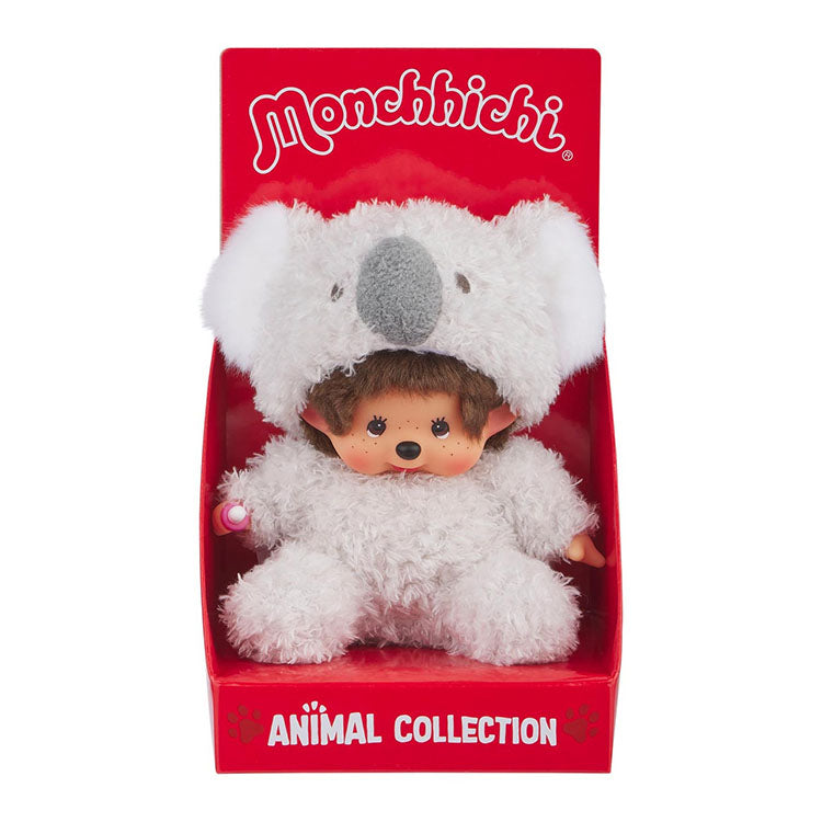 Sekiguchi Monchhichi plush doll dressed as a fluffy koala in red animal collection packaging