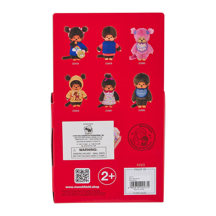 Back of Sekiguchi Monchhichi doll packaging showing six plush designs on red background