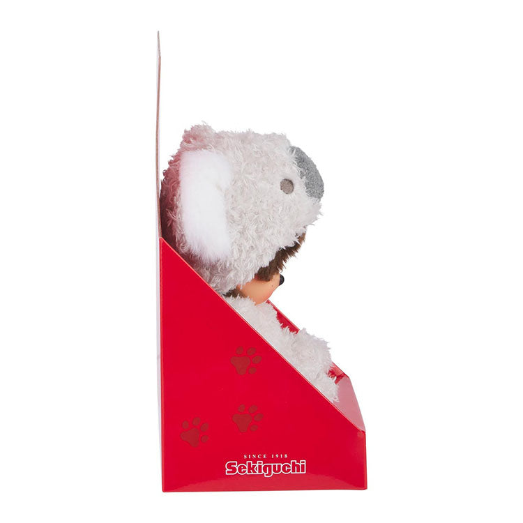 Sekiguchi Monchhichi Koala plush doll in packaging, showing side view of fluffy grey and white character sitting