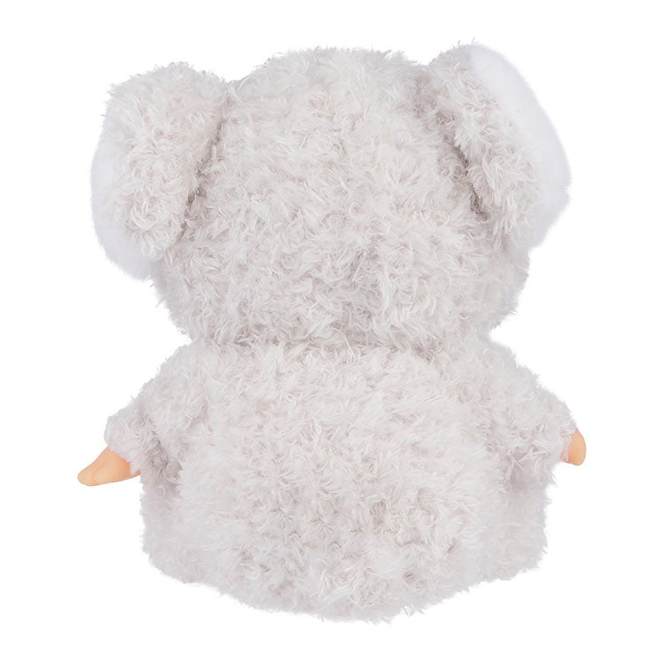Back view of Sekiguchi Monchhichi sitting koala plush with fluffy grey fur and small hands visible