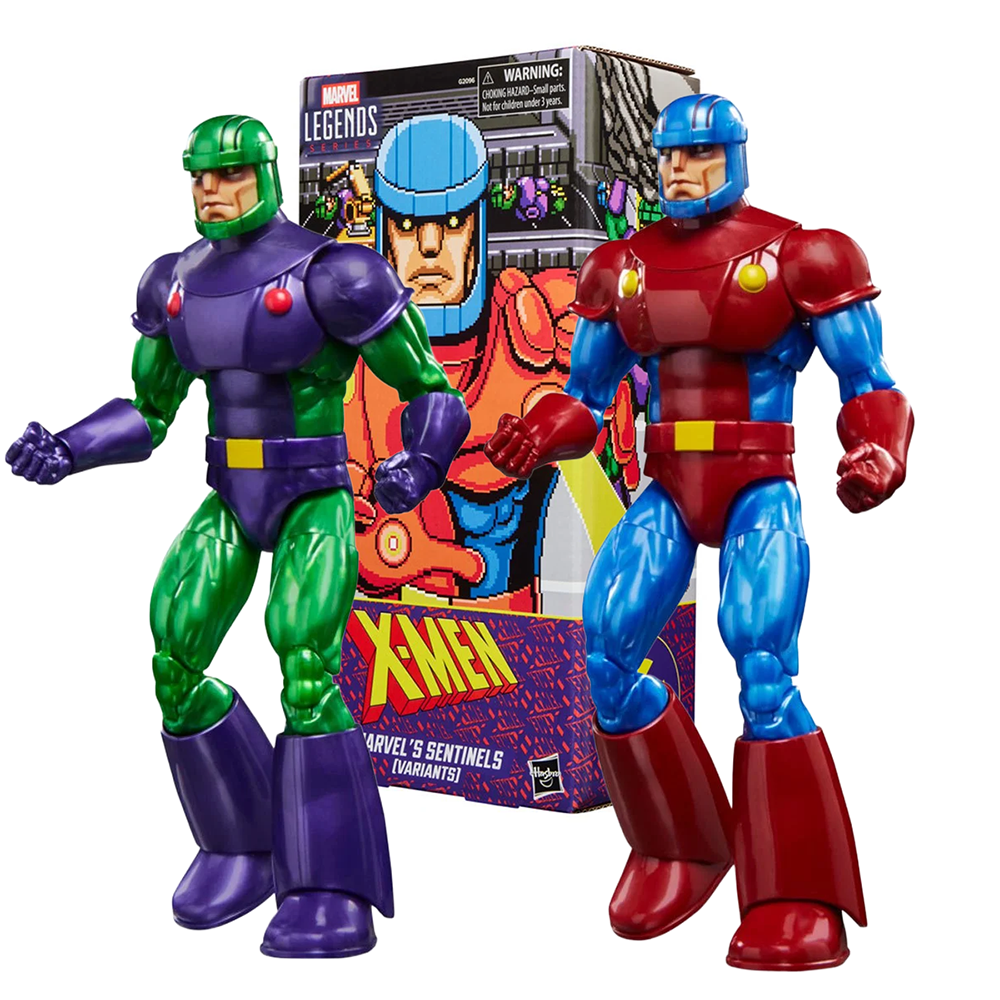 Two colorful Marvel Legends superhero figures posed in front of an X-Men themed package