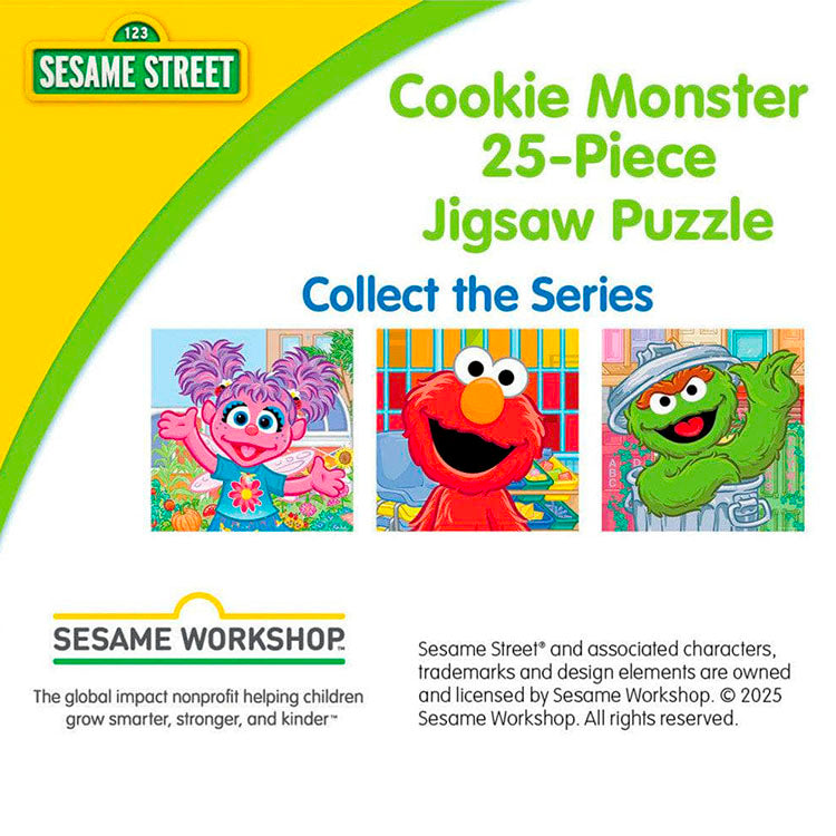 Master Pieces Sesame Street Cookie Monster 25-piece jigsaw puzzle packaging with character images and logo