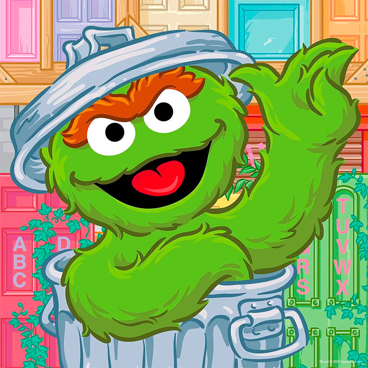 Master Pieces Sesame Street Oscar the Grouch 25-piece jigsaw puzzle featuring Oscar in his trash can with colorful background