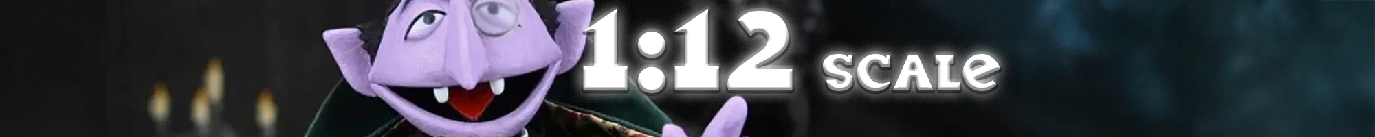Purple puppet character with large eyes and open mouth, holding a "1:12 scale" sign against a dark blurred background