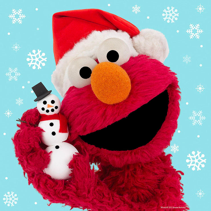 Master Pieces Sesame Street Elmo wearing Santa hat holding snowman with snowflakes on blue background