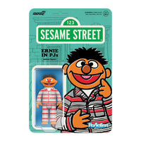 Sesame Street Ernie figure wearing red and white striped pajamas on teal card with illustrated character art