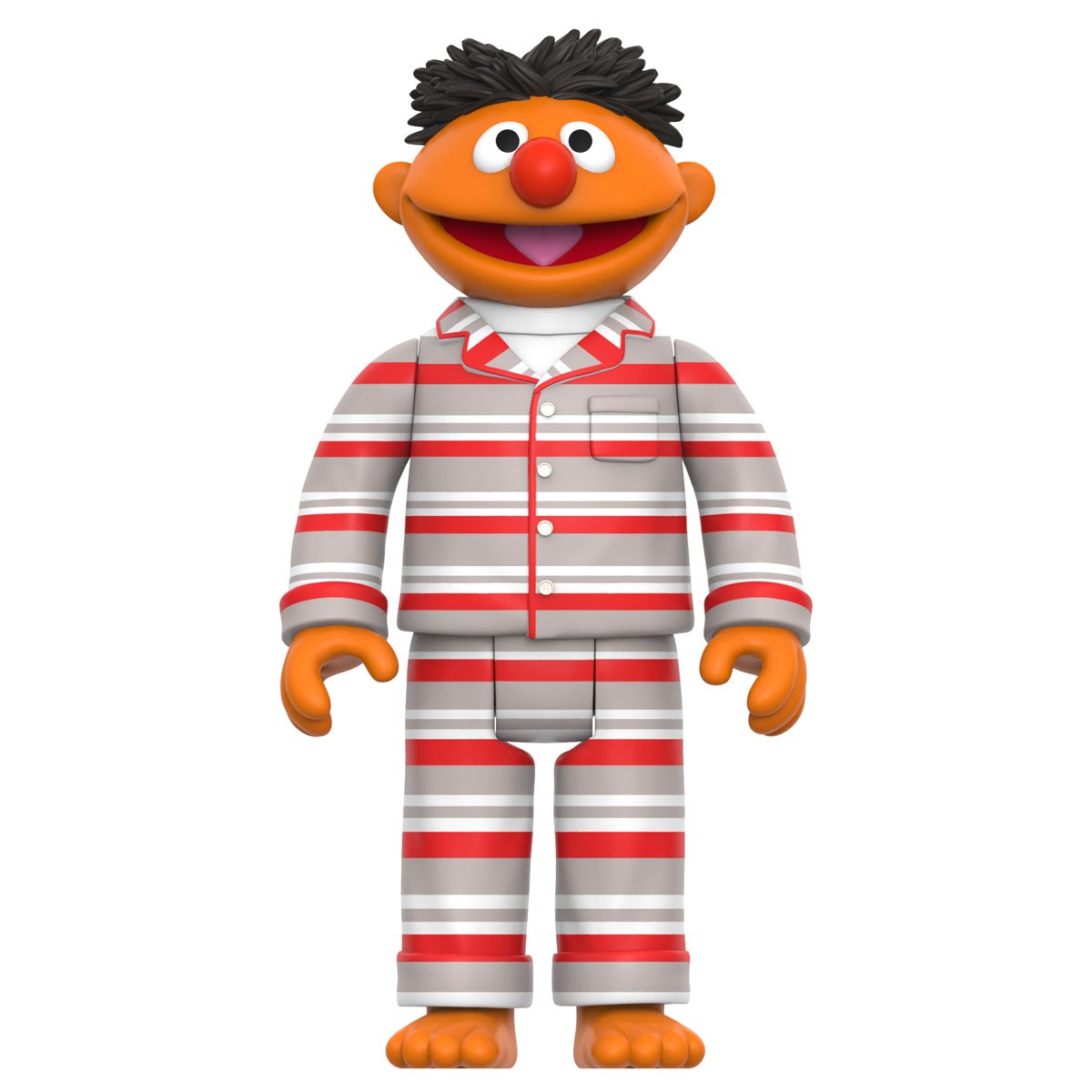Ernie figure dressed in red, white, and gray striped pajamas standing against a plain white background