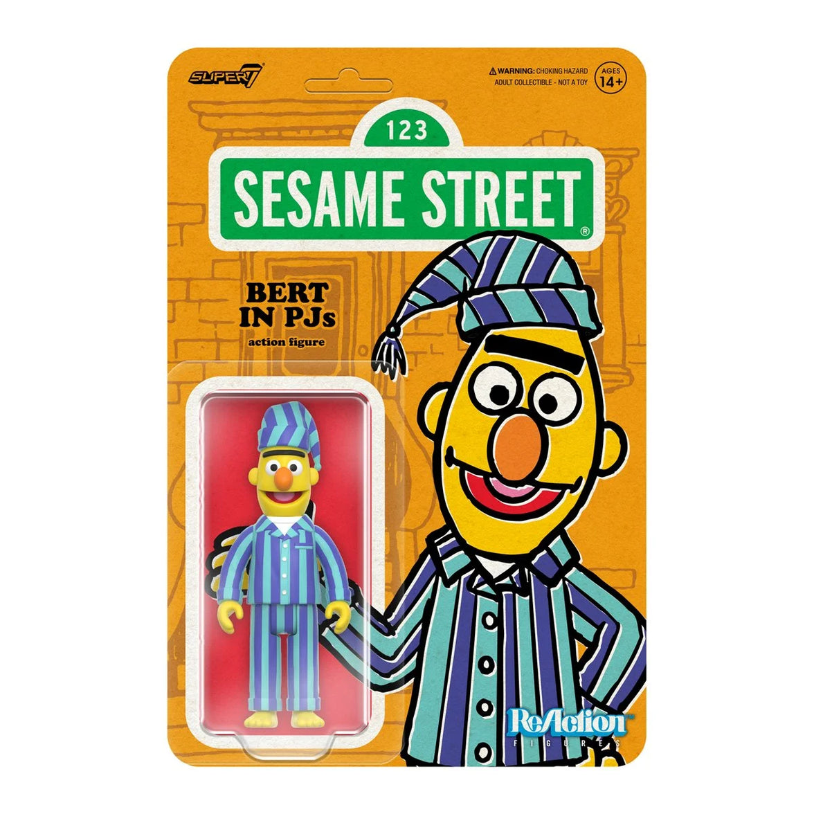 Sesame Street character Bert in striped blue pajamas with matching nightcap in orange carded packaging