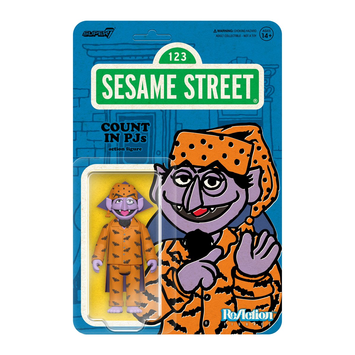 Purple Sesame Street Count character figure wearing orange pajamas with black bat prints on blue card backing with green logo panel