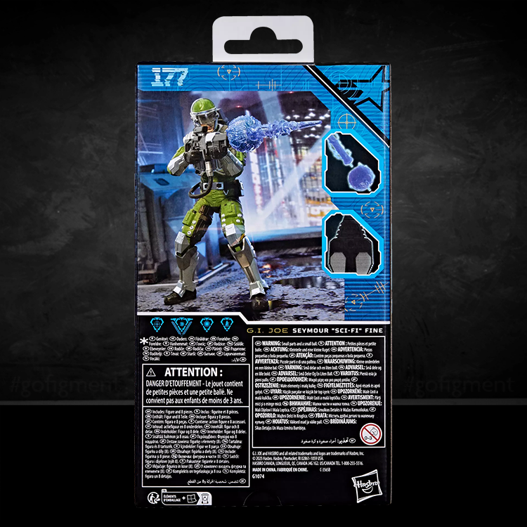 Back of Hasbro G.I. Joe Classified Series Seymour Sci-Fi Fine 6-inch action figure packaging with accessories shown