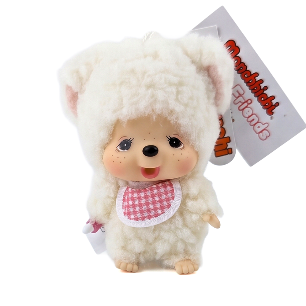 4" Monchhichi Keychain - Chamu Sheep in Red Check Bib by Sekiguchi