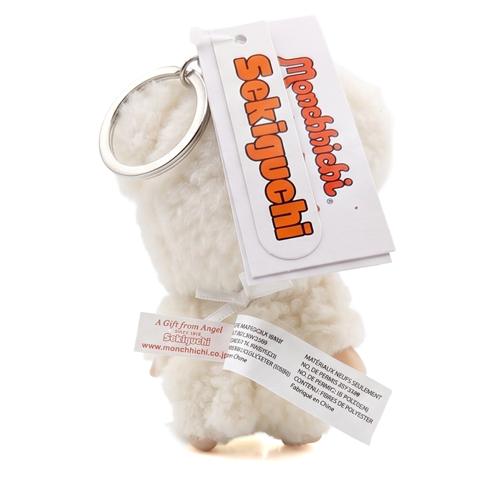 4" Monchhichi Keychain - Chamu Sheep in Red Check Bib by Sekiguchi white sheep collectible