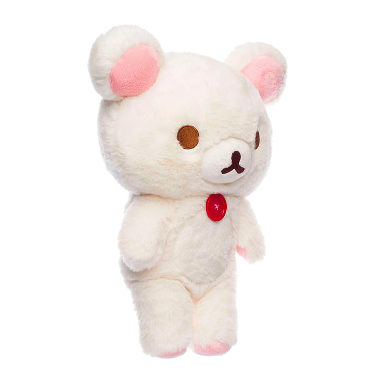 Korilakkuma original 13.5 inch plush by San-X with signature red button from Sherbet Series pink tag collection