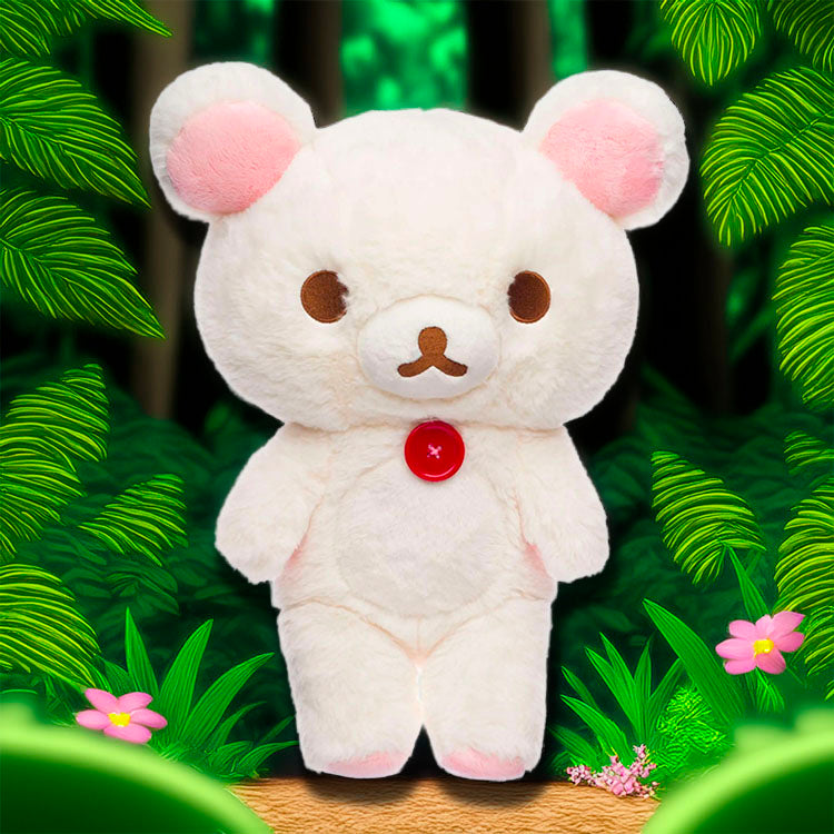 Korilakkuma 13.5 inch plush with red button from San-X Sherbet Series in a lush forest setting